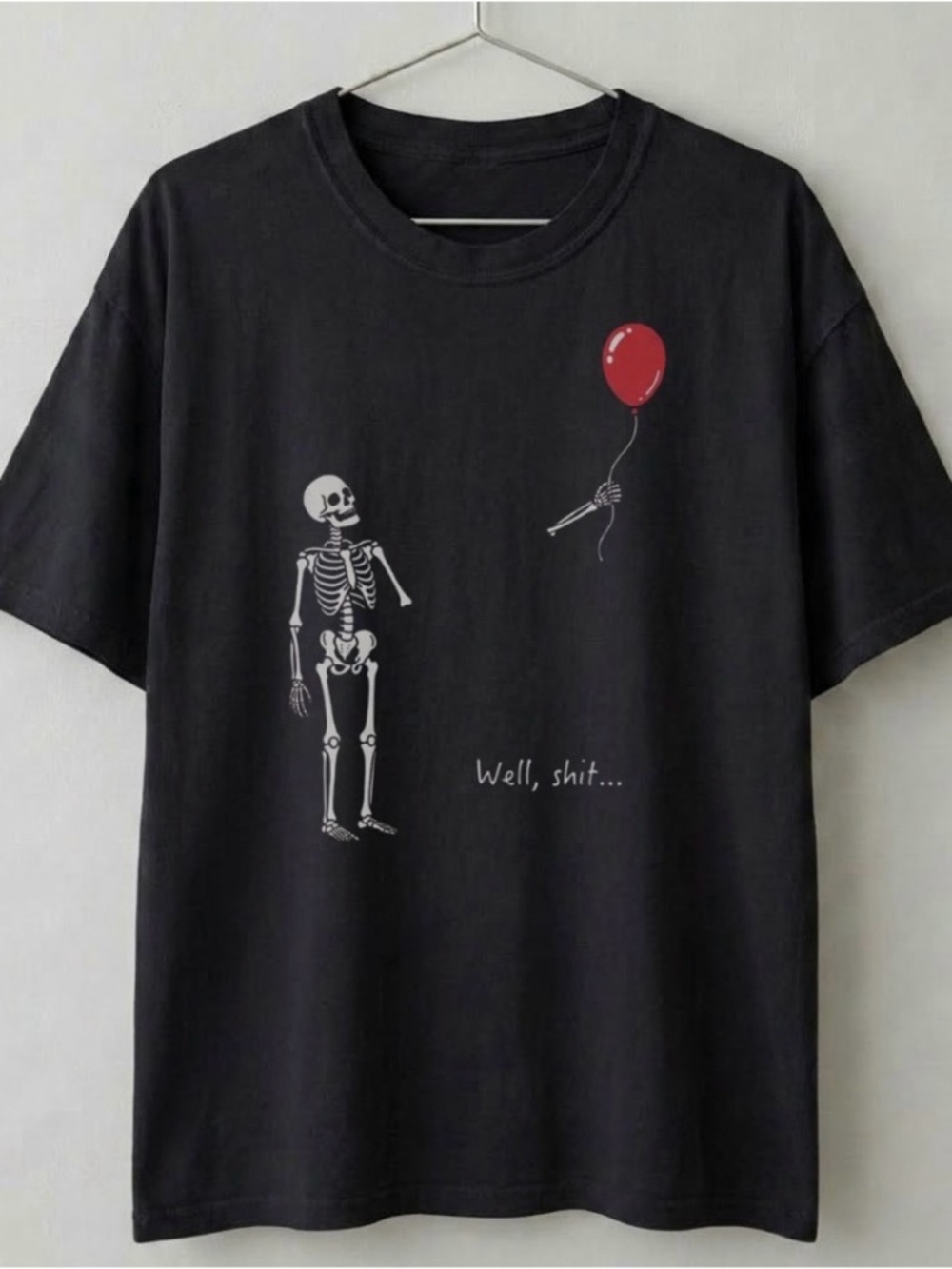 Black Tee with Skeleton and Red Balloon Graphic